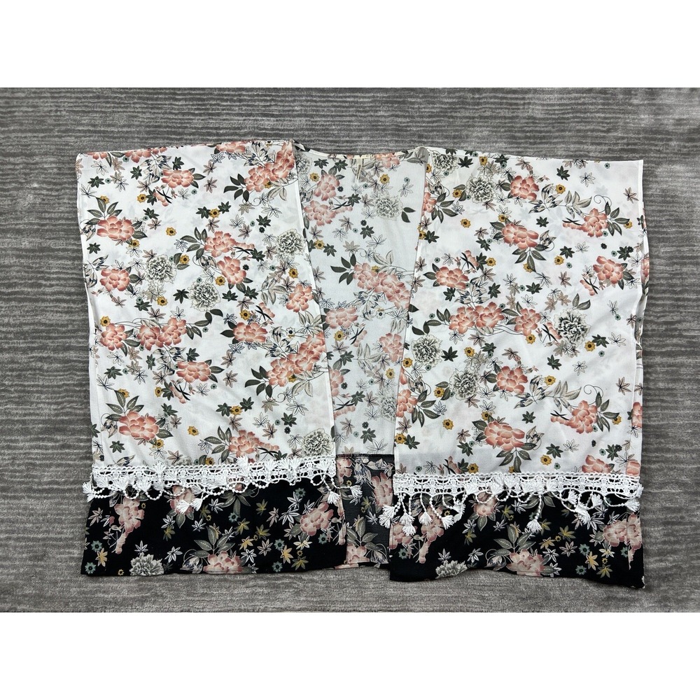 Mittoshop Kimono Cardigan Women M/L Cream Pink Floral Tassel Crochet Boho S10807